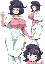 Rule 34 | 1girl, absurdres, ass, blush, breasts, cape, close-up, closed mouth, cowboy shot, creatures (company), from side, game freak, glasses, glasses on head, green eyes, highres, large breasts, long sleeves, looking at viewer, multiple views, narrow waist, nintendo, one eye closed, open mouth, parted lips, pencil skirt, pink-framed eyewear, pink sweater, pokemon, pokemon sm, purple hair, shimure (460), short cape, short hair, simple background, skirt, smile, sweater, swept bangs, turtleneck, turtleneck sweater, upper body, white background, wicke (pokemon), wide hips, wink