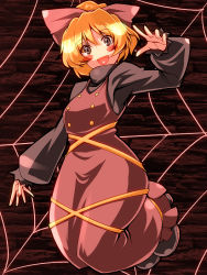 Rule 34 | 1girl, blonde hair, blush stickers, bow, buttons, dress, female focus, full body, hair bow, kurodani yamame, open mouth, ribbon, short hair, silk, solo, spider web, symbol-shaped pupils, touhou, tro