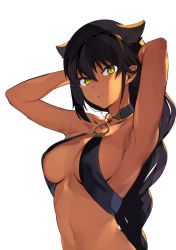 Rule 34 | 1girl, armpits, arms up, backlighting, black hair, braid, breasts, cleavage, closed mouth, commentary request, dark-skinned female, dark skin, glint, hair between eyes, hair flaps, halterneck, jahy, jahy-sama wa kujikenai!, konbu wakame, long hair, looking at viewer, medium breasts, navel, o-ring, o-ring top, official art, revision, simple background, smile, smirk, solo, very long hair, white background, yellow eyes