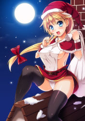 Rule 34 | 1girl, :d, adapted costume, bad id, bad nicoseiga id, black thighhighs, blonde hair, blue eyes, breasts, capelet, female focus, hat, higa, large breasts, long hair, low ponytail, miniskirt, on roof, open mouth, original, panties, pantyshot, ponytail, santa costume, santa hat, sideboob, sitting, sitting on roof, sketch, skirt, smile, solo, thighhighs, underwear