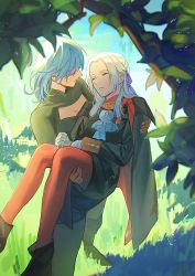 Rule 34 | 2girls, ascot, black footwear, black jacket, blue ascot, blue hair, blurry, boots, branch, byleth (female) (fire emblem), byleth (fire emblem), cape, carrying, cleavage cutout, closed eyes, clothing cutout, commentary, depth of field, edelgard von hresvelg, fire emblem, fire emblem: three houses, from above, garreg mach monastery uniform, gloves, grass, hair ribbon, highres, jacket, leaf, long hair, long sleeves, medium hair, multiple girls, nintendo, outdoors, pantyhose, parted lips, platinum blonde hair, princess carry, purple ribbon, red cape, red legwear, ribbon, sidelocks, standing, toho10min, white gloves, yuri
