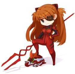 Rule 34 | 1girl, artist request, blue eyes, bodysuit, breasts, brown hair, chibi, eva 02, evangelion: 3.0 you can (not) redo, eyepatch, full body, gloves, hair ornament, hand on own hip, holding, holding weapon, lance of longinus (evangelion), long hair, looking at viewer, mecha, neon genesis evangelion, one eye covered, plugsuit, polearm, rebuild of evangelion, robot, shiny clothes, smile, solo, souryuu asuka langley, stomping, straight hair, tears, two side up, very long hair, weapon, white background