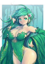 Rule 34 | 1990s (style), 1girl, aged up, armpits, bare shoulders, breasts, bridal gauntlets, cleavage, collarbone, curvy, detached sleeves, earrings, final fantasy, final fantasy iv, green eyes, green hair, green theme, hip focus, jewelry, large breasts, leotard, long hair, magic, mahito, matching hair/eyes, nail polish, pointing, pointing up, retro artstyle, ringed eyes, rydia (ff4), solo, thighs, wide hips, wide sleeves