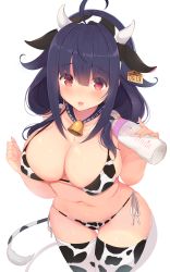 1girl, ahoge, alternate costume, animal costume, animal ears, animal print, bangs, bare shoulders, bell, bikini, blush, bottle, breasts, chinese zodiac, cleavage, collar, collarbone, commentary request, cow costume, cow ears, cow girl, cow horns, cow print, cow tail, cowbell, cowboy shot, cropped legs, ear tag, eyebrows visible through hair, fake animal ears, fake horns, hair flaps, hair ornament, hairband, highres, holding, holding bottle, horns, kagerou (shadowmage), kantai collection, large breasts, long hair, looking at viewer, low twintails, milk, milk bottle, navel, neck bell, open mouth, print bikini, purple hair, red eyes, side-tie bikini, simple background, smile, solo, standing, stomach, swimsuit, taigei (kancolle), tail, thighhighs, twintails, white background, year of the ox