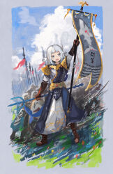 Rule 34 | 1girl, absurdres, advarcher, arm up, banner, blue eyes, blue hair, blue sky, brown gloves, cloud, cloudy sky, day, elbow gloves, fins, fish tail, gawr gura, gloves, grey hair, highres, holding, holding polearm, holding weapon, hololive, hololive english, long sleeves, multicolored hair, open mouth, polearm, robe, shark tail, sharp teeth, shield, sky, solo focus, streaked hair, tail, teeth, trident, virtual youtuber, weapon, white robe