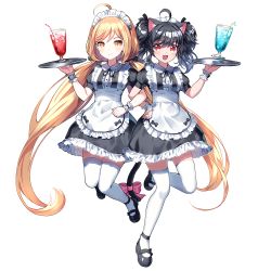 Rule 34 | 2girls, :d, ahoge, animal ear fluff, animal ears, apron, bad id, bad pixiv id, bendy straw, black dress, black footwear, black hair, blonde hair, bow, breasts, brown eyes, cat ears, cat girl, cat tail, center frills, closed mouth, commentary, commission, cup, dress, drink, drinking glass, drinking straw, english commentary, frilled apron, frills, hair between eyes, holding, holding tray, ice, ice cube, locked arms, long hair, low twintails, maid, maid headdress, mary janes, mechuragi, multiple girls, open mouth, original, pink bow, puffy short sleeves, puffy sleeves, red eyes, shoes, short sleeves, simple background, small breasts, smile, standing, standing on one leg, tail, tail bow, tail ornament, thighhighs, tray, twintails, very long hair, white apron, white background, white legwear, wrist cuffs