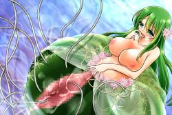 Rule 34 | 1girl, bad end, breasts, female focus, gradient background, green hair, highres, large breasts, monster girl, nipples, plant girl, solo, unbirthing