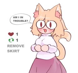 Rule 34 | 1girl, :3, animal ear fluff, animal ears, blonde hair, breasts, cat ears, cat girl, cat tail, chibi, english text, hair between eyes, lefantis1, light blush, like and retweet, medium breasts, melty blood, meme, neco-arc, open mouth, own hands together, purple skirt, red eyes, shirt, simple background, skirt, solo, speech bubble, tail, tsukihime, twitter strip game (meme), white background, white shirt
