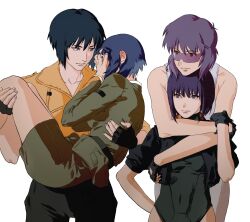 Rule 34 | 4girls, aizheajsee, blue hair, carrying, casual, covering face, cropped jacket, embarrassed, fingerless gloves, ghost in the shell, ghost in the shell: sac 2045, ghost in the shell arise, ghost in the shell stand alone complex, gloves, highres, hug, hug from behind, in-franchise crossover, kusanagi motoko, leotard, military uniform, multiple girls, multiple persona, princess carry, purple hair, simple background, sunglasses, uniform