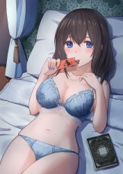 Rule 34 | 1girl, bed, bed sheet, black hair, blue bra, blue eyes, blue panties, book, bra, breasts, cleavage, closed mouth, collarbone, commentary request, fingernails, hair between eyes, highres, idolmaster, idolmaster cinderella girls, jewelry, kozeni isari, lace, lace-trimmed bra, lace-trimmed panties, lace trim, looking at viewer, lying, medium breasts, nail polish, navel, necklace, on back, panties, pillow, sagisawa fumika, smile, solo, underwear