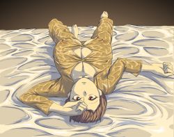 Rule 34 | 1girl, bed, breasts, brown hair, bursting breasts, cleavage, copyright request, covered erect nipples, female focus, hataraki ari, huge breasts, pajamas, red eyes, shirt, short hair, solo, straining buttons, tight clothes, upside-down, wet, wet clothes, wet shirt