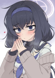 Rule 34 | 1girl, black hair, black undershirt, blue archive, blue eyes, blue hairband, blue neckerchief, blush, brown cardigan, cardigan, closed mouth, crossed bangs, gradient background, hair between eyes, hair ribbon, hairband, halo, heart, highres, long hair, looking at viewer, nakta, neckerchief, purple background, ribbon, sailor collar, school uniform, serafuku, simple background, sleeves past wrists, solo, steepled fingers, striped clothes, striped hairband, sweat, sweatdrop, ui (blue archive), upper body, white background, white sailor collar