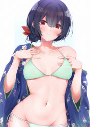 Rule 34 | 1girl, absurdres, bikini, bikini under clothes, black hair, blue background, blue kimono, blush, bow, breasts, breasts apart, closed mouth, collarbone, commentary request, cowboy shot, floral print, gradient background, green bikini, groin, hair between eyes, hair bow, halterneck, hands up, highres, huge filesize, idolmaster, idolmaster shiny colors, japanese clothes, kimono, light particles, looking at viewer, morino rinze, navel, off shoulder, open clothes, open kimono, print kimono, red eyes, red neckwear, short hair, side-tie bikini bottom, single bare shoulder, small breasts, smile, solo, standing, stomach, string bikini, swimsuit, tutinako, white background