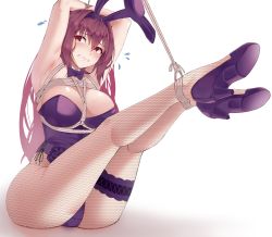 Rule 34 | 1girl, absurdres, animal ears, arms behind head, bdsm, blush, bondage, bound, breasts, clenched teeth, detached collar, fake animal ears, fate/grand order, fate (series), fishnet pantyhose, fishnets, flying sweatdrops, hairband, harris hero, highleg, highleg leotard, highres, huge filesize, large breasts, legs up, leotard, long hair, official alternate costume, pantyhose, playboy bunny, purple hair, purple hairband, purple leotard, purple neckwear, rabbit ears, rabbit tail, red eyes, restrained, scathach (fate), scathach (piercing bunny) (fate), shibari, solo, strapless, strapless leotard, tail, tearing up, teeth