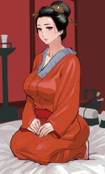 Rule 34 | 1girl, black hair, breasts, candle, candlestand, collarbone, futon, hair ornament, hairpin, highres, ichiren takushou, japanese clothes, kimono, long hair, long sleeves, looking at viewer, mature female, medium breasts, on bed, open mouth, original, purple eyes, red kimono, seiza, sitting, swept bangs