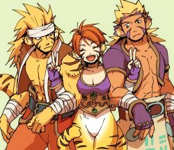 Rule 34 | 1girl, 2boys, animal ears, blonde hair, breasts, breath of fire, breath of fire ii, breath of fire iii, breath of fire iv, bustier, cat ears, cat tail, cleavage, closed mouth, cray (breath of fire), double v, facial mark, fingerless gloves, furry, furry female, gloves, groin, lowres, multiple boys, no panties, no pants, open mouth, orange hair, pointy ears, rei (breath of fire), rinpoo chuan, sassa (cb), short hair, smile, tail, v