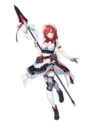 Rule 34 | 1girl, ahoge, belt, black footwear, blush, breasts, buckle, cleavage, counter:side, full body, gloves, hair ornament, hairclip, holding, holding polearm, holding weapon, knee guards, looking at viewer, lycoris (counter:side), maid, maid headdress, official art, polearm, red hair, simple background, snap-fit buckle, spear, thighhighs, utility belt, weapon, white background, white thighhighs