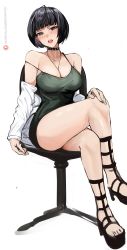 Rule 34 | 1girl, absurdres, blush, breasts, chair, choker, highres, lab coat, large breasts, nero watch, persona, persona 5, short hair, simple background, takemi tae
