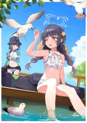 Rule 34 | 2girls, absurdres, belt, bikini, bikini bottom only, bird, black hair, blue archive, blue bikini, blue sky, braid, breasts, bright pupils, bucket hat, choker, cloud, commentary request, cropped jacket, day, frilled ribbon, frills, green halo, grey halo, hair ornament, halo, hand up, hat, hat on back, highres, holding, holding map, jacket, kuroliu 9021, leaf, leaf on head, leaf print, long hair, long sleeves, looking at another, map, medium breasts, miyu (blue archive), miyu (swimsuit) (blue archive), multicolored clothes, multicolored jacket, multiple girls, navel, official alternate costume, one eye closed, open mouth, outdoors, print bikini, purple hair, red eyes, ribbon, ribbon choker, saki (blue archive), saki (swimsuit) (blue archive), seagull, sitting, sky, small breasts, soaking feet, standing, star (symbol), star hair ornament, straw hat, sweat, swimsuit, tree, twin braids, two-tone jacket, utility belt, weapon case, wet, white bikini, white pupils