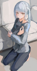 Rule 34 | 1girl, absurdres, animal, black cat, black pants, cat, closed mouth, collarbone, couch, full body, grey hair, grey shirt, highres, holding, holding animal, holding cat, ichika (ichika87), indoors, kneeling, long hair, long sleeves, looking at viewer, on floor, original, pants, shirt, smile, solo, twintails, yellow eyes