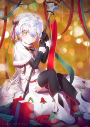 Rule 34 | &gt;:t, 1girl, :t, ahoge, armor, armored boots, artist name, beads, bell, black gloves, black thighhighs, blonde hair, blurry, bokeh, boots, bow, bowtie, box, capelet, christmas, closed mouth, depth of field, dress, elbow gloves, eyebrows, fate/grand order, fate (series), fur trim, gift, gift box, gloves, hair bow, hair ribbon, headpiece, highres, holding, holding weapon, jeanne d&#039;arc (fate), jeanne d&#039;arc alter (fate), jeanne d&#039;arc alter santa lily (fate), lens flare, long hair, looking at viewer, pom pom (clothes), pout, ribbon, rimuu, sash, short dress, sitting, solo, star (symbol), thighhighs, v-shaped eyebrows, very long hair, weapon, white dress, white hair, wrist cuffs, yellow eyes