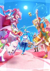 Rule 34 | 1boy, 3girls, back bow, blonde hair, blue hair, boots, bow, brooch, bun cover, closed eyes, commentary request, cure precious, cure spicy, cure yum-yum, delicious party precure, double bun, fuwa kokone, gloves, hair bun, hanamichi ran, heart, heart brooch, highres, huge bow, jewelry, kome-kome (precure), magical girl, mem-mem (precure), multiple girls, nagomi yui, open mouth, pam-pam (precure), pink hair, precure, purple eyes, purple hair, rosemary (precure), side ponytail, smile, strawberrylove2525, two side up, white gloves