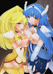 Rule 34 | 10s, 2girls, aoki reika, bad id, bad pixiv id, bike shorts, blonde hair, blue dress, blue eyes, blue hair, blue skirt, blush, bow, breasts, choker, cum, cure beauty, cure peace, dress, facial, hair flaps, hair tubes, head wings, holding hands, interlocked fingers, kise yayoi, kodai heiki, large breasts, long hair, magical girl, multiple girls, nipples, oldweapon, open mouth, own hands together, ponytail, precure, pussy, saliva, saliva trail, shorts, shorts under skirt, sidelocks, skirt, smile precure!, tiara, tongue, torn clothes, wings, wrist cuffs, yellow bow, yellow dress, yellow eyes, yellow shorts, yellow skirt