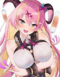 Rule 34 | 1girl, asymmetrical horns, blonde hair, blush, breast hold, breasts, brooch, chest harness, chikuwa, demon girl, demon horns, fangs, food, green eyes, harness, hato haru, headphones, headphones around neck, highres, hololive, horns, jewelry, large breasts, long hair, looking at viewer, mano aloe, multicolored hair, nail polish, open mouth, pink hair, simple background, sleeveless, solo, streaked hair, uneven horns, virtual youtuber, white background, wrist cuffs