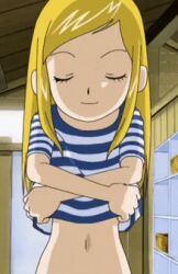 Rule 34 | 1girl, animated, animated gif, blonde hair, breasts, closed eyes, closed mouth, clothes lift, digimon, digimon frontier, indoors, lowres, navel, non-web source, orimoto izumi, screencap, shirt, shirt lift, small breasts, smile, solo, striped clothes, striped shirt, toei animation, undressing