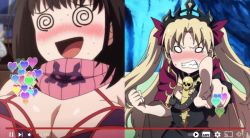 Rule 34 | 2girls, @ @, animated, animated gif, arms under breasts, bare shoulders, bikini, black dress, black hair, blonde hair, blush, bouncing breasts, bow, breasts, cape, cleavage, clenched teeth, closed eyes, crown, dress, earrings, embarrassed, ereshkigal (fate), fate/grand carnival, fate/grand order, fate (series), hair bow, jewelry, large breasts, long hair, looking at viewer, multicolored bikini, multicolored clothes, multiple girls, navel, open mouth, osakabehime (fate), osakabehime (swimsuit archer) (fate), pointing, purple bikini, recording, red bow, red cape, red eyes, scarf, small breasts, stomach, sweat, swimsuit, teeth, twintails, underboob