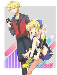 Rule 34 | 1boy, 1girl, aqua eyes, artoria pendragon (all), artoria pendragon (fate), black jacket, black shirt, black shorts, blonde hair, blue bow, blue shorts, bow, cellphone, closed mouth, collarbone, earphones, fate/stay night, fate (series), gilgamesh (fate), hair between eyes, hair bow, hand in pocket, highres, holding, holding phone, invisible chair, jacket, leggings, nayu tundora, off shoulder, open clothes, open jacket, phone, ponytail, red eyes, saber (fate), shirt, short hair, short shorts, shorts, sitting, smartphone, smile, v-shaped eyebrows, yellow footwear