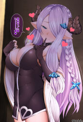 Rule 34 | 1girl, asymmetrical gloves, bare shoulders, black dress, black gloves, blue eyes, blush, braid, breasts, cleavage, closed mouth, draph, dress, elbow gloves, finger to mouth, fingerless gloves, gloves, granblue fantasy, hair over one eye, heart, highres, horns, index finger raised, large breasts, long hair, looking at viewer, narmaya (granblue fantasy), off shoulder, open clothes, open vest, pointy ears, seductive smile, short dress, sidelocks, single braid, smile, solo, speech bubble, tight top, translated, unadon, uneven gloves, vest, white vest