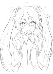Rule 34 | 1girl, bare shoulders, blush, clenched hands, commentary, detached sleeves, flying sweatdrops, greyscale, hair ornament, hands up, hatsune miku, headphones, highres, long hair, looking at viewer, monochrome, necktie, open mouth, shirt, sketch, sleeveless, sleeveless shirt, solo, sudachi (calendar), translated, twintails, upper body, v-shaped eyebrows, very long hair, vocaloid, wavy mouth