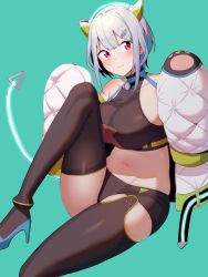 Rule 34 | 1girl, :3, amano don, animal ears, ass, bad id, bad twitter id, bare shoulders, belt, black shirt, black shorts, black thighhighs, blue footwear, borrowed character, breasts, collarbone, crop top, groin, hair ornament, hairclip, high heels, highres, jacket, knee up, large breasts, long sleeves, looking at viewer, micro shorts, midriff, navel, off shoulder, open clothes, open jacket, original, puffy sleeves, red eyes, shirt, short hair, shorts, sidelocks, silver hair, simple background, sitting, sleeveless, sleeveless shirt, solo, stomach, tail, thighhighs, white jacket
