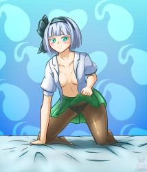 Rule 34 | 1girl, arm support, artist logo, artist name, bed, bed sheet, blue background, blush, breasts, closed mouth, clothes lift, collarbone, colored eyelashes, commentary, english commentary, green eyes, green skirt, hair ribbon, hairband, highres, kneeling, konpaku youmu, leaning forward, lifted by self, light smile, looking at viewer, no bra, on bed, open clothes, open shirt, panties, panties under pantyhose, pantyhose, poffusagi, ribbon, sheet grab, shirt, skirt, skirt lift, small breasts, solo, striped clothes, striped panties, touhou, underwear, watermark, white hair, white shirt