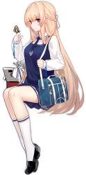 Rule 34 | 1girl, alternate costume, azur lane, bag, black footwear, blonde hair, blue dress, blue eyes, blue necktie, bow, braid, breasts, bug, butterfly, butterfly on hand, closed mouth, collared shirt, dress, french braid, glorious (azur lane), glorious (glorious school life) (azur lane), hair between eyes, hair ribbon, handbag, insect, kincora, large breasts, long hair, long sleeves, necktie, ribbon, school uniform, shirt, shoes, single braid, sitting, sleeves past wrists, smile, socks, solo, straight hair, turret, undershirt, very long hair, white bow, white ribbon, white shirt, white socks
