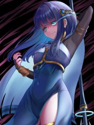 Rule 34 | 1girl, angry, arm behind back, arm up, armpits, blue dress, blue eyes, blue hair, clenched teeth, covered navel, cowboy shot, crescent, dark background, dress, fingerless gloves, furious, glaring, gloves, glowing, glowing eye, hair ornament, highres, long hair, magia record: mahou shoujo madoka magica gaiden, magical girl, mahou shoujo madoka magica, meikyousisui731, nanami yachiyo, polearm, reaching, shaded face, solo, teeth, thighlet, thighs, veil, weapon