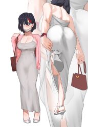 Rule 34 | 1girl, ass, bag, black hair, blue eyes, breasts, cleavage, dongtan dress, dress, grey dress, high heels, highres, hong doo, kill la kill, large breasts, long sleeves, looking at viewer, mask, matoi ryuuko, meme attire, mouth mask, multicolored hair, red hair, streaked hair, taut clothes, taut dress, two-tone hair, white dress, white mask