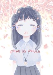 Rule 34 | 1girl, absurdres, antennae, black hair, collared shirt, english text, flower, half-closed eyes, highres, jewelry, light bulb, long hair, looking at viewer, necklace, original, pink flower, shirt, short sleeves, sizucomaru, solo, upper body, white shirt