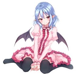 Rule 34 | 1girl, bat wings, between legs, black thighhighs, blue hair, blush, center frills, closed mouth, frilled skirt, frills, full body, hand between legs, head tilt, highres, juliet sleeves, junior27016, long sleeves, looking at viewer, neck ribbon, pink skirt, pointy ears, puffy sleeves, red eyes, red ribbon, remilia scarlet, ribbon, simple background, sitting, skirt, skirt set, smile, solo, thighhighs, touhou, v arms, wariza, white background, wings