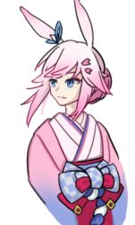 Rule 34 | 1girl, animal ears, blue hair, closed mouth, draft (caogao), fox ears, hair between eyes, hair ornament, hairpin, honkai (series), honkai impact 3rd, japanese clothes, kimono, looking to the side, pink hair, simple background, smile, solo, white background, yae sakura