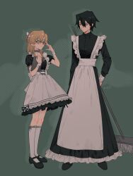 Rule 34 | 1boy, 1girl, apron, black dress, black footwear, black hair, braided hair rings, broom, closed mouth, dress, frilled sleeves, frills, full body, glasses, green background, hand up, highres, holding, holding broom, leiantianxiadiyixd, long hair, long sleeves, looking at another, orange hair, puffy short sleeves, puffy sleeves, rose fryberg, shoes, short sleeves, sidelocks, smile, socks, volcano princess, white apron, white socks, wrist cuffs, ze (volcano princess)