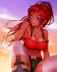 Rule 34 | 10s, 1girl, armlet, bellows (suisei no gargantia), belt, blue eyes, boots, breasts, brown hair, cleavage, earrings, highres, hoop earrings, jewelry, large breasts, long hair, navel, onsoku inu, shiny skin, shirt, skindentation, smile, solo, suisei no gargantia, sunrise, taut clothes, taut shirt, thighhighs, white thighhighs
