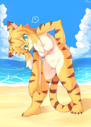 Rule 34 | 1girl, :3, ?, absurdres, animal ear fluff, animal ears, beach, blonde hair, breasts, claws, cleft of venus, day, female focus, furry, furry female, green eyes, head tilt, highres, leaning to the side, legs apart, mahoran, mia (world flipper), multicolored hair, navel, nipples, nude, ocean, outdoors, pussy, solo, spoken question mark, standing, tail, tiger ears, tiger tail, white hair, world flipper, yellow fur
