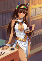 Rule 34 | 1girl, armlet, bare shoulders, blush, book, book stack, bracer, breasts, brown hair, cleavage, cleavage cutout, clothing cutout, copyright request, cowboy shot, dark-skinned female, dark skin, dress, egyptian clothes, gem, glint, green gemstone, grin, hair tubes, hairband, head tilt, highres, holding, holding book, indoors, jewelry, library, lips, long hair, looking at viewer, medium breasts, nam (valckiry), necklace, paper, parted lips, pendant, red eyes, sleeveless, smile, solo, standing, straight hair, table, teeth, tsurime, white dress, wrist cuffs