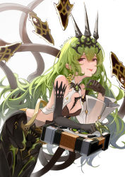 Rule 34 | 1girl, :p, absurdres, asymmetrical gloves, bare shoulders, black dress, black gloves, breasts, bugegehaibugouse, claw ring, cleavage, closed mouth, crown, dress, earrings, elbow gloves, gloves, green hair, highres, honkai (series), honkai impact 3rd, jewelry, long hair, looking at viewer, mismatched gloves, mobius (honkai impact), purple eyes, see-through, see-through sleeves, signature, simple background, single earring, single sleeve, sleeveless, sleeveless dress, smile, solo, tongue, tongue out, white background