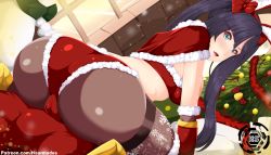 Rule 34 | 1girl, ass, ass focus, blush, breasts, cameltoe, capelet, christmas, cleft of venus, from behind, genshin impact, gloves, haarmades, hair ornament, hair ribbon, highres, huge ass, pantyhose under shorts, long hair, looking at viewer, looking back, mona (genshin impact), open mouth, pantyhose, purple hair, ribbon, santa costume, shiny clothes, shiny skin, short shorts, shorts, sideboob, sitting, smile, solo, strapless, tube top, twintails, very long hair, wariza