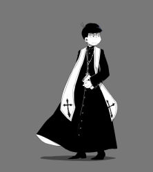 Rule 34 | 10s, 1boy, ahoge, alternate costume, bad id, bad pixiv id, black hair, book, cassock, colored skin, cross, cross necklace, cross print, full body, grey background, holding, holding book, jewelry, light smile, long sleeves, looking away, looking to the side, male focus, matsuno karamatsu, monochrome, necklace, osomatsu-kun, osomatsu-san, osomatsu (series), priest, sameko, simple background, solo, standing, stole, white skin