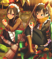 Rule 34 | 2girls, :o, :t, aiuabo, apron, autumn, autumn leaves, bench, black coat, black eyes, black hair, black scarf, black skirt, blush, boots, broom, brown coat, brown footwear, coat, commentary request, day, eating, food, frilled apron, frilled skirt, frilled sleeves, frills, fruit, highres, holding, holding food, holding fruit, leaf, leaf on head, long hair, long sleeves, maid, multiple girls, orange scarf, original, outdoors, park bench, persimmon, plaid, plaid scarf, red eyes, scarf, sitting, skirt, smile, squatting, wide sleeves