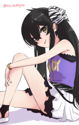 Rule 34 | 1girl, :p, absurdres, black hair, bracelet, breasts, hair ornament, highres, idolmaster, idolmaster cinderella girls, idolmaster cinderella girls u149, jacket, jewelry, knee up, matoba risa, miniskirt, platform footwear, purple jacket, roccamoya, signature, simple background, sitting, skirt, small breasts, tongue, tongue out, twintails, white background, white skirt, yellow eyes